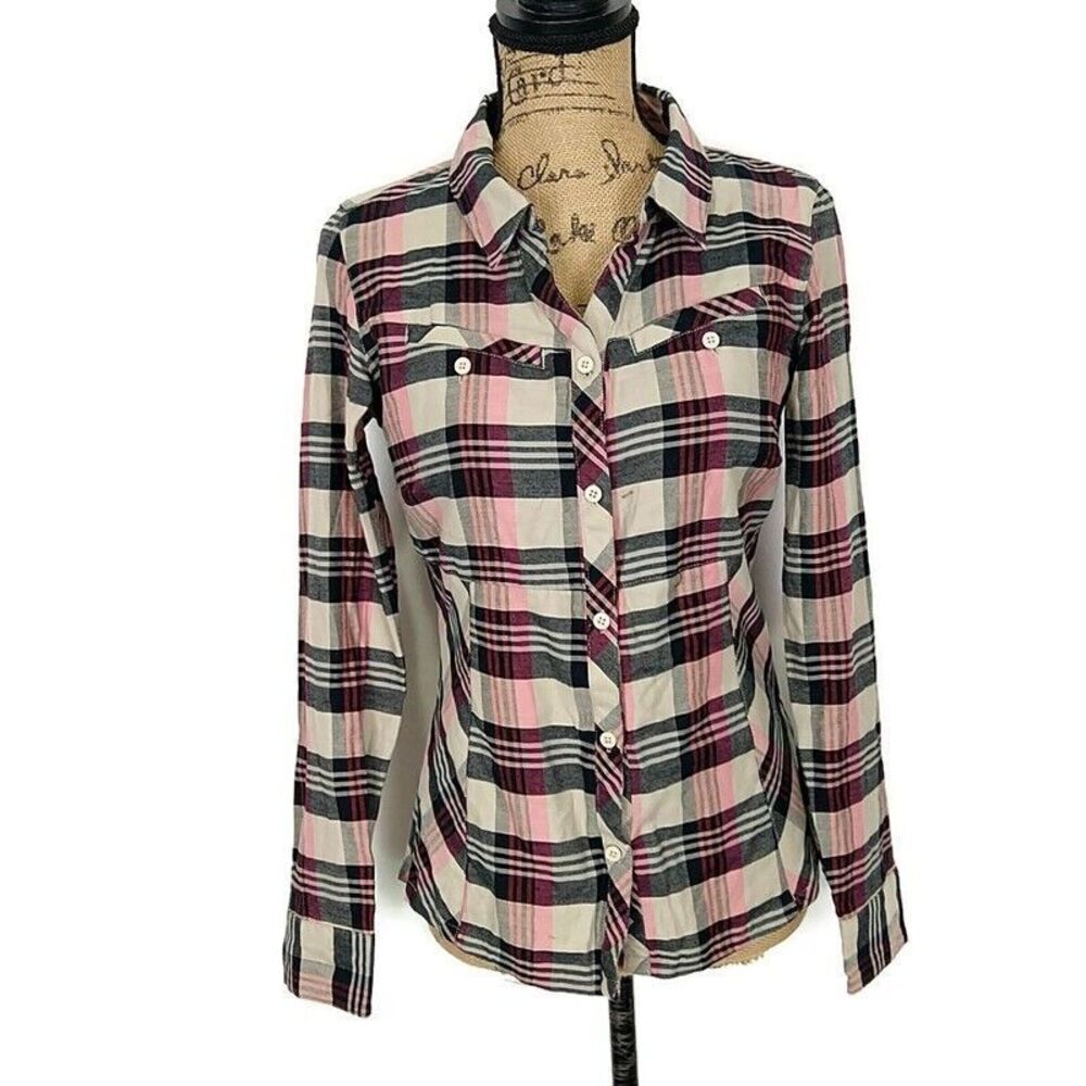 Columbia Womens sz XS Top Button Front Long Sleeve Collared Brown Pink Plaid